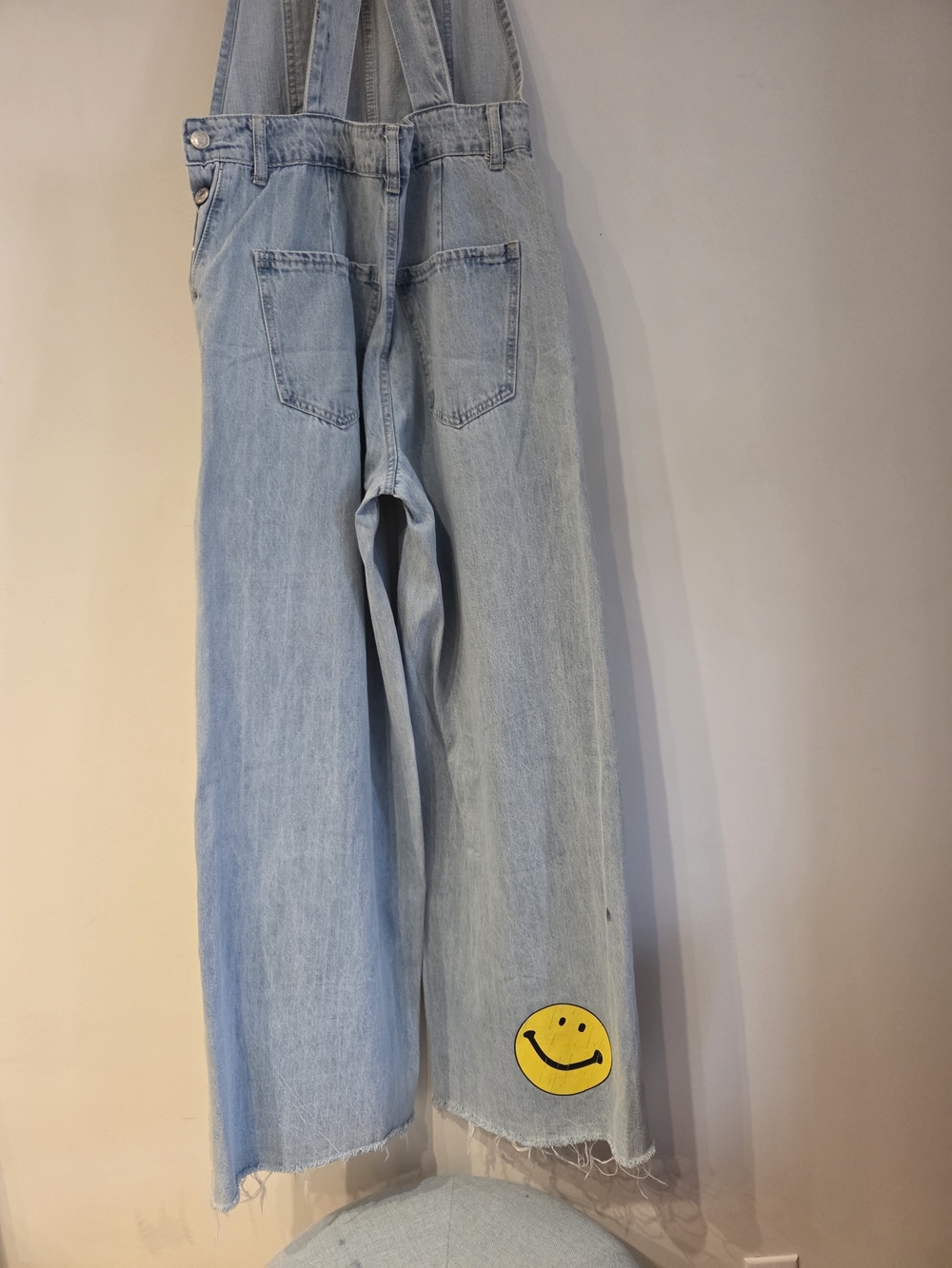 Light Blue Denim Women’s Overalls with Yellow Smiley Motif - Picture 3 of 6